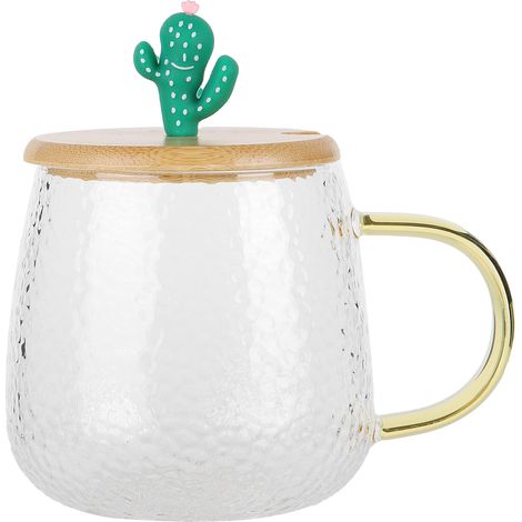 Mug en verre borosilicate résistant à la chaleur 400ml avec cuillère inox et couvercle bambou (design cactus) (1/5)