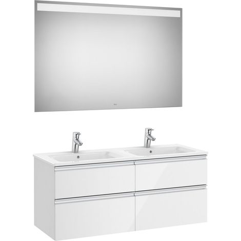 Meuble bas à quatre tiroirs, double vasque et miroir LED THE GAP - ROCA Couleur : blanc brillant (1/3)