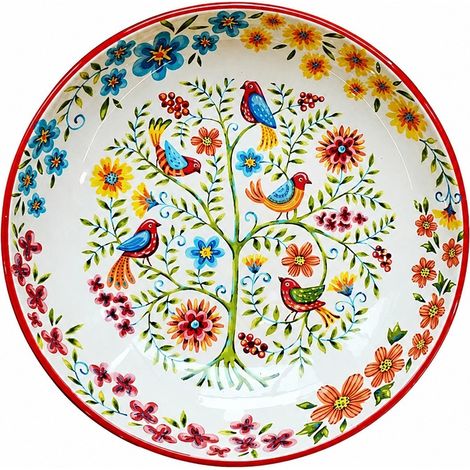 Assiette à soupe en faïence émaillée à décor floral multicolore rouge, 22,5 cm, peinte à la main, motif fleurs et oiseaux. (1/3)