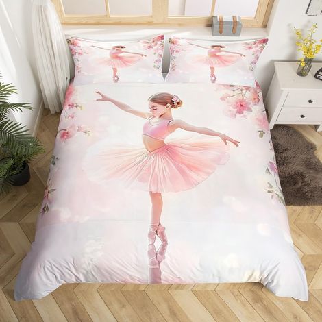 Housse de Couette 140x200 Enfant Fille Ballet Danseuse, Parure de Lit Adulte Ballerines Dansantes, Sets de Housses de Couettes Floral Rose Mignon, Couvre Lit Romantique, 2 Pièces - 140x200cm + 1 Taie (1/5)