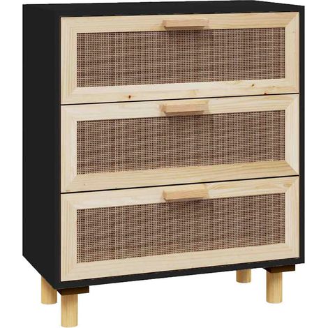 Sideboard/Anrichte/Buffet Schwarz 60x30x70cm Massivholz Kiefer und Natur-Rattan LXWW492852 (1/5)