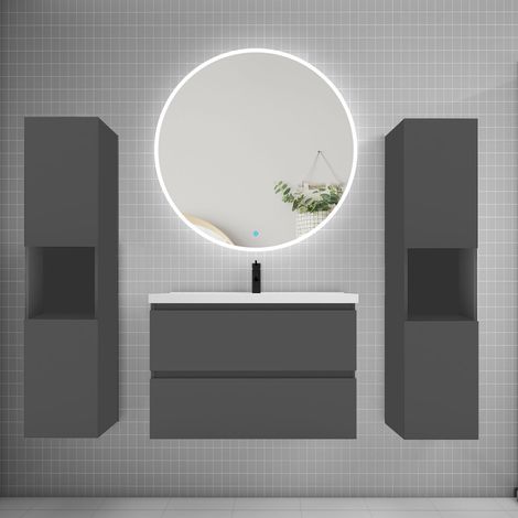 Ensemble meuble vasque L.79cm 2 tiroirs + lavabo + LED miroir rond 90cm + 2colonne,anthracite A
