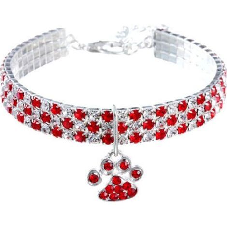 Haustierhalsband mit 20 cm + 5 cm Verlängerungskette mit Diamanten, verstellbarem elastischem herzförmigem Krallenanhänger mit Kristall (1/5)