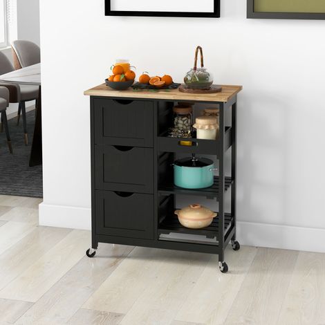Carro de Cocina Carrito Auxiliar con Ruedas con 3 Cajones 2 Estantes Abiertos y Bandeja Extraíble 67x37x85,5 cm Negro (1/5)