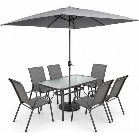 Arredo Set Giardino Con Tavolo Rettangolare Piano Vetro Temperato 6 Poltrone E Parasole Per Terrazzo Veranda Bordo Piscina Area Relax E Zona Pranzo Outdoor 150 x 90 x 71 Cm Grigio (1/5)