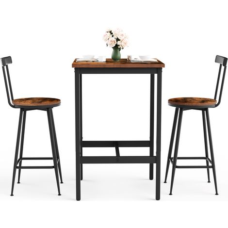 Conjunto de mesa alta y 2 taburetes estilo industrial 60 x 60 x 92 cm, color marrón rústico y negro (1/5)