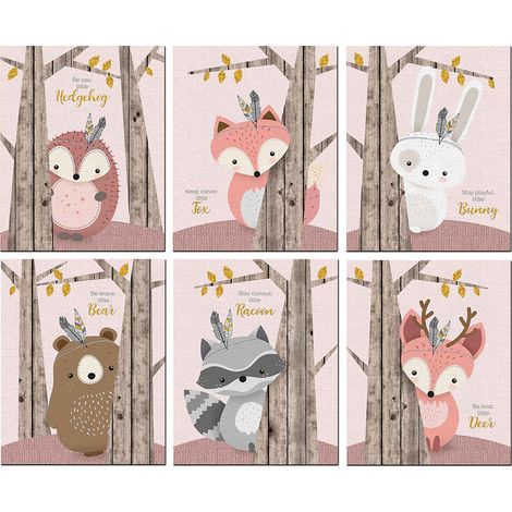 6 Pièces Toile Peinture Murale Animaux Mignons 30x21cm Décor Maison Moderne Art Cartoon (1/5)