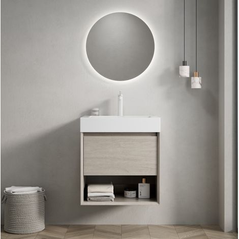 Mueble de baño suspendido con lavabo integrado de resina, cajón y estante abierto, roble claro y blanco (1/5)