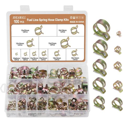Clip à Ressort Tuyau Serre-joints à Tuyaux Colliers de Clip à Ressort Tuyau Serrage Ajustable de Tailles Pour Fixer Tuyaux Souples et Durites 6-20mm 10 Taille 100 PCS (1/5)
