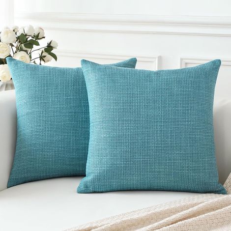 Lot de 2 housses de coussin en lin, 40x40 cm, bleu-vert, pour canapé et décoration intérieure. (1/5)