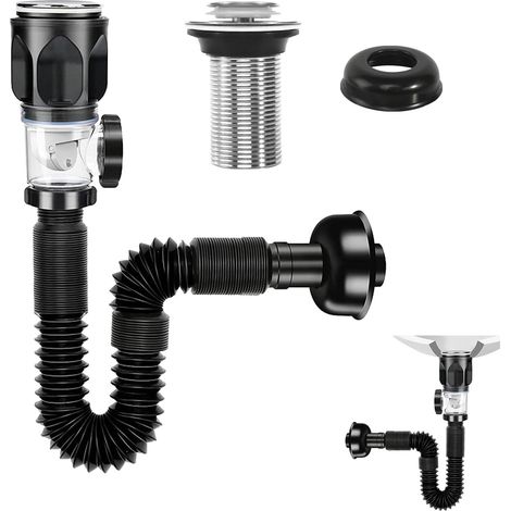 Kit de Égouttoir de Bonde de Lavabo Universel Égouttoir Siphon Lavabo avec Tuyau de Vidange Flexible Rétractable et Bouchon Dévier À Filtre Pop-up Kit de Vidange D'Évier pour Salle de Bain Cuisine (1/5)
