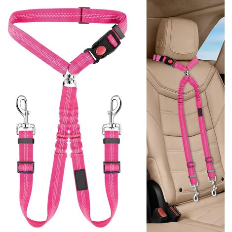 Doppia cintura di sicurezza per auto per cani, guinzaglio riflettente per cani, guinzaglio elastico anti-groviglio regolabile (rosa-rosso) (1/5)