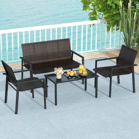 Salon de Jardin 4 Pièces Osier Charge 150-300KG Cadre Métal Galvanisé Table Basse Verre Trempé Marron CWXT3715 DESIGN IN (1/3)
