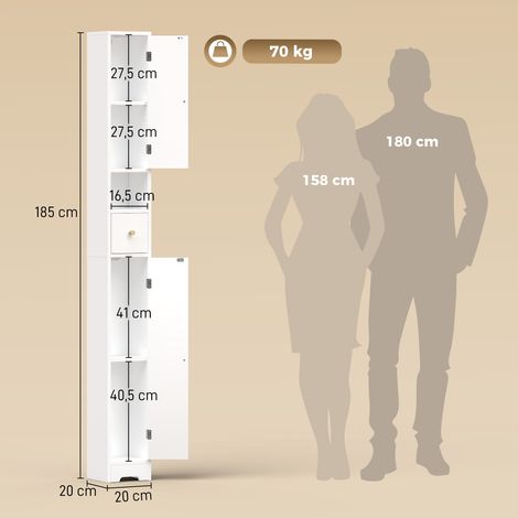 Badezimmerschrank schmaler Badschrank mit Schublade gewölbten Türen offenem Fach verstellbare Ablage 20x20x185 cm Weiß (1/5)