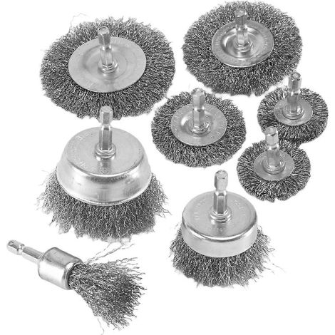 Ensemble de 8 brosses métalliques à godet, tige hexagonale de 6,35 mm (1/4 pouce), brosse métallique en acier au carbone à gros grain serti. (1/5)