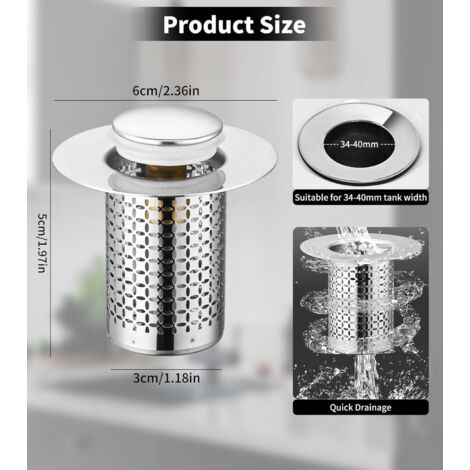 2 Stück Universal-Pop-Up-Waschbeckenstöpsel, 34–40 mm Universal-Pop-Up-Waschbeckenstöpsel mit Anti-Verstopfungsfilter, Abflussfilter (1/5)