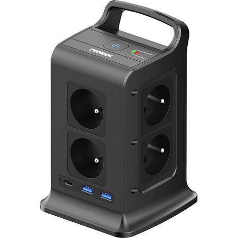 Multiprise tour TOPEREK TP-VK3U8E-C avec poignée, 8 prises, USB 5V 3.1A, 4000W, protection surtension, usage maison/bureau (1/4)