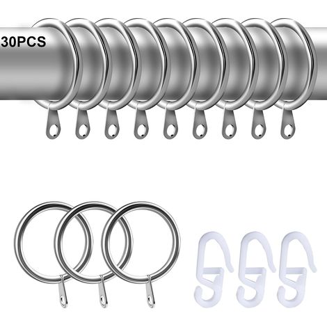 Lot de 30 anneaux de rideau, argentés, avec 30 crochets de 32 mm de diamètre, en métal robuste, pour fenêtre, porte, rideau de douche, décoration d'intérieur (1/5)