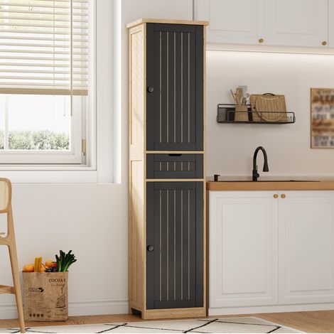 Armario de cocina alto 170x40x30 cm, 2 puertas, 1 cajón, estantes regulables, MDF, natural y negro (1/5)