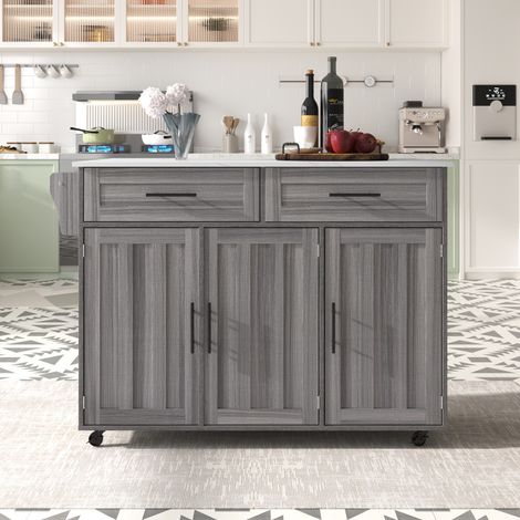 Carrello da cucina, con 2 cassetti, piano di lavoro estensibile, 5 ruote con freni, porta-spezie, porta-asciugamani, carrello da cucina in legno – Grigio