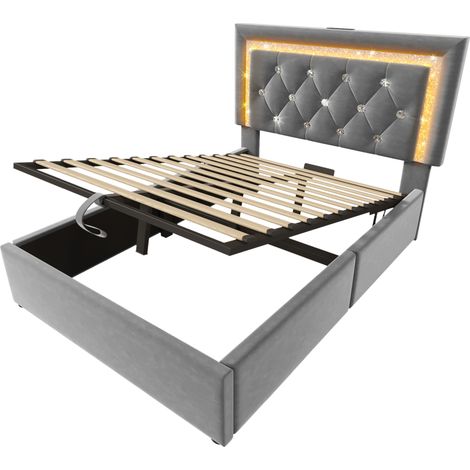 Letto imbottito 90x200 cm in velluto grigio con LED, USB-C, contenitore e materasso (1/5)