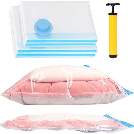 Juego de 4 bolsas de almacenamiento al vacío (2 jumbo de 100x80 cm, 2 grandes de 80x60 cm), bolsas impermeables para edredones, almohadas y ropa con bomba de mano de viaje. (1/5)