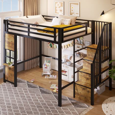 Cama alta infantil 140x200 cm con escalera de almacenaje, metal y MDF, negro DESVIAE (1/5)