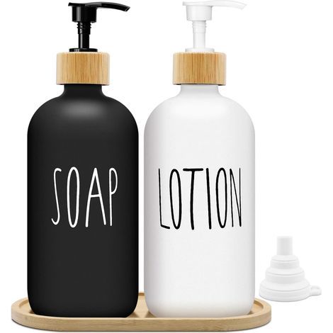 Matte Black and White Soap Dispenser Set 500ml Glass Soap Dispenser with Tray Dishwashing Liquid Dispenser Soap Dispenser for Kitchen and Shower (White + Black)