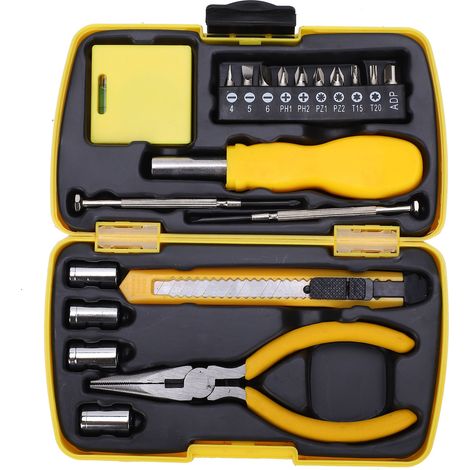 Kit de 10 outils à main ménagers, acier au carbone, tournevis, embouts de douille, mètre ruban, couteau utilitaire