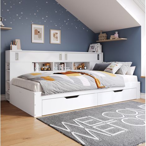 Bett aus MDF Weiß 135x190 cm mit Schubladen, Stauraum und Ablagen (1/5)