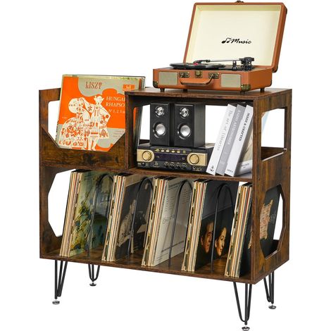 Large Rustic Record Player Stand, 2-Tier Turntable Table with Vinyl Record Storage, Vinyl Storage Cabinet with Metal Legs, Holds 370 Albums for Living Room & Bedroom (1/5)