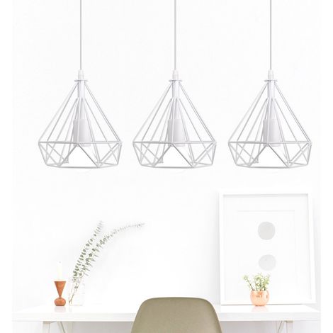 Pendelleuchte, 3 Flammig Vintage Hängelampe mit Diamant Form Käfig, Antik Metall Lampe E27 Edison Fassung (Weiß)