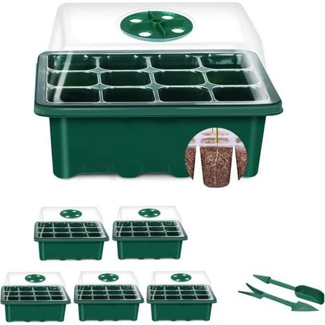 Bac à semis mini serre lot de 5 avec 12 cellules en plastique haute qualité et couverture transparente (1/4)