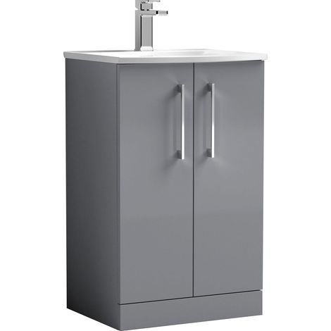 Balterley Modern Bathroom Floor Standing 2 Soft Close Door Vanity Unit & Curved Basin, Satin Grey, 500mm