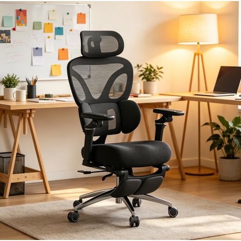Ergonomischer Bürostuhl 49 x 68,5 x 123,5 cm aus schwarzem Mesh mit Fußstütze – MEUBLIV (1/5)