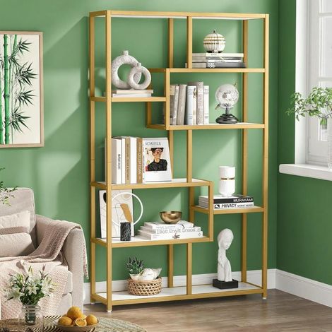Étagère moderne dorée à 8 niveaux ouverts, idéale pour le salon, la chambre ou le bureau. (1/5)