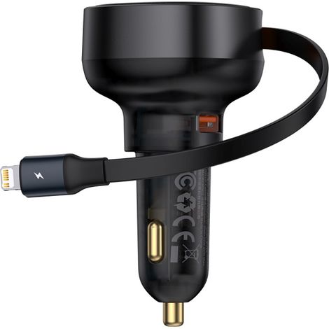 Caricabatterie da auto USB-A con cavo Lightning retrattile per iPhone, 55 W - Nero (1/5)