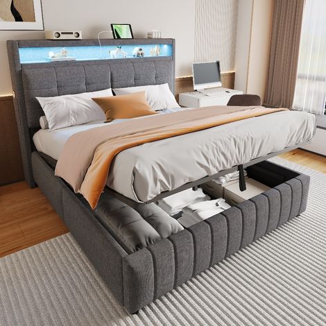 Polsterbett 160x200 cm mit hydraulischem Stauraum, LED-Beleuchtung und USB-Steckdose, Leinenstoff Grau (1/5)