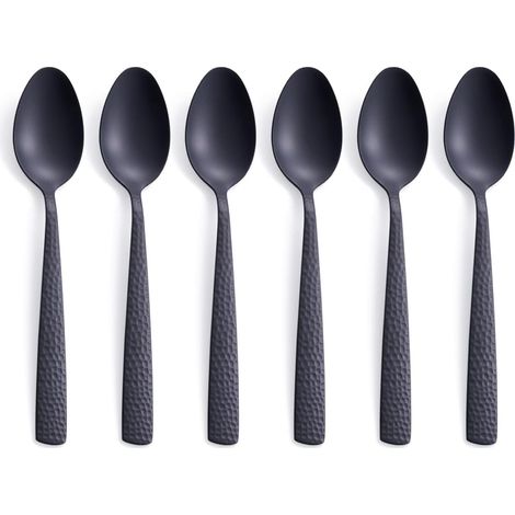 Set mit 6 mattschwarzen Edelstahl-Teelöffeln, 18 cm, Löffelform, roter Löffel, Wassermelonen-Löffel (1/5)