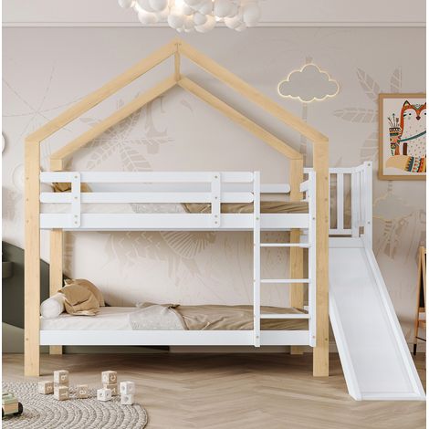 Lit superposé enfant 90 x 200 cm lit cabane avec escalier 3 marches et toboggan,Sommier à lattes,blanc (1/5)