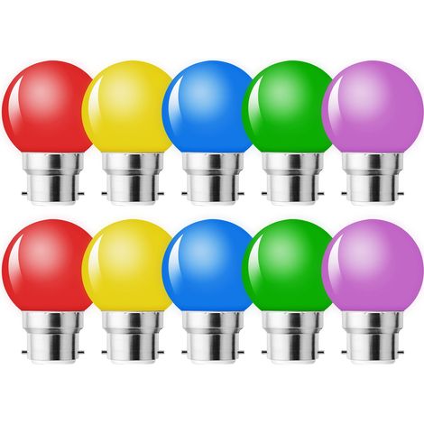 Lot de 10 ampoules LED B22 1W,ampoule écoénergétique colorée Couleur,Ampoule de Noël,Ampoules Guirlande Rouge, Jaune, Bleu, Vert, Violet, (équivalent 5W) (1/5)