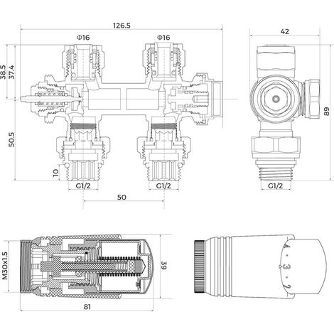 Blanc Kit Multibloc Universel Pour Radiateur, Raccordement Central avec 50mm, Vannes Thermostatiques Pour Radiateur et Chauffage (1/5)