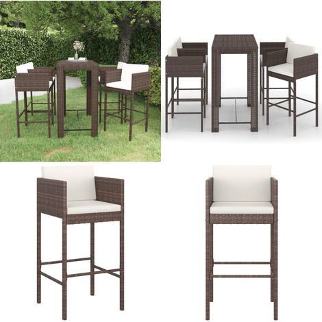 Set de bar para jardín 5 pzas y cojines ratán sintético marrón - Cojines de bar - Barra de jardín