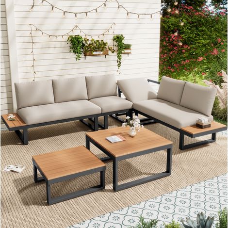 Set di mobili da giardino angolare in acciaio zincato beige e grigio, modulare con schienale reclinabile e 2 tavolini (1/5)
