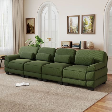 Canapé modulable 4 places avec coussins lombaires, velours côtelé vert 336 x 88,5 x 94 cm REDOM (1/5)