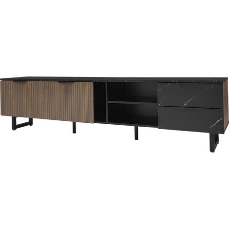 Meuble TV 200 cm en MDF noir marbré avec portes à effet bois foncé, éclairage LED réglable, 2 portes et 2 tiroirs (1/5)