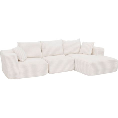 Set divani sofà HHG-934, divano a 3 posti lounge, stoffa/tessuto a coste (370 g/m²) penisola a sinistra, bianco