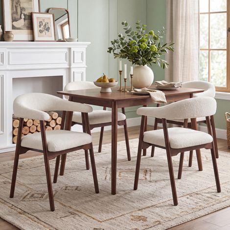 Lot de 6 chaises de salle à manger en bois et bouclé, couleur noyer et beige (1/5)