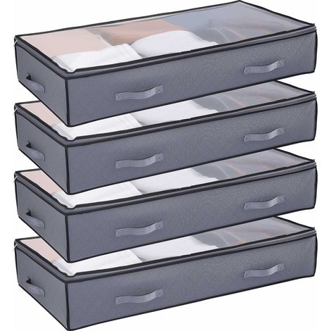 Mophorn Lot de 4 sacs de rangement sous lit 90 L, organisateurs avec couvercles transparents pour vêtements, chaussures et couvertures, parfaits pour la chambre ou la maison, gris (1/5)