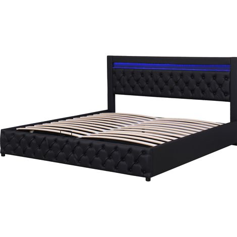 Letto contenitore imbottito 180 x 200 cm con rete a doghe, LED e vano portaoggetti, nero, PU (1/5)